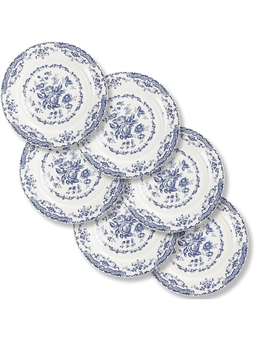 Floral Dinner Plates Set of 6 - 10.5" Blue Rose Design, Elegant Tableware